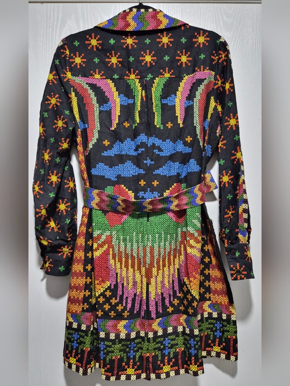 Farm Rio Macaw Night Long Sleeve Linen Blend Mini Colorful Belt Dress Size S - Picture 10 of 15
